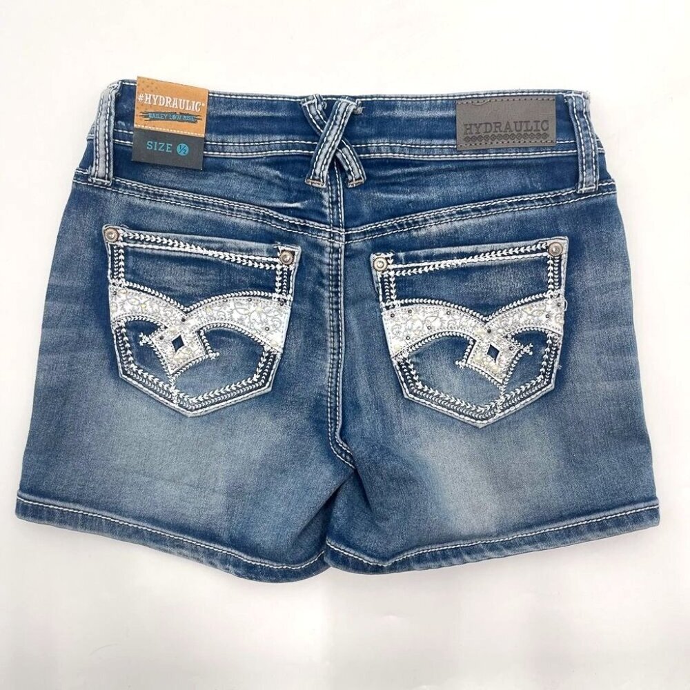 Y2K 2000s Hydraulic Bailey Low Rise Denim Jean Shorts Rhinestones Medium Wash